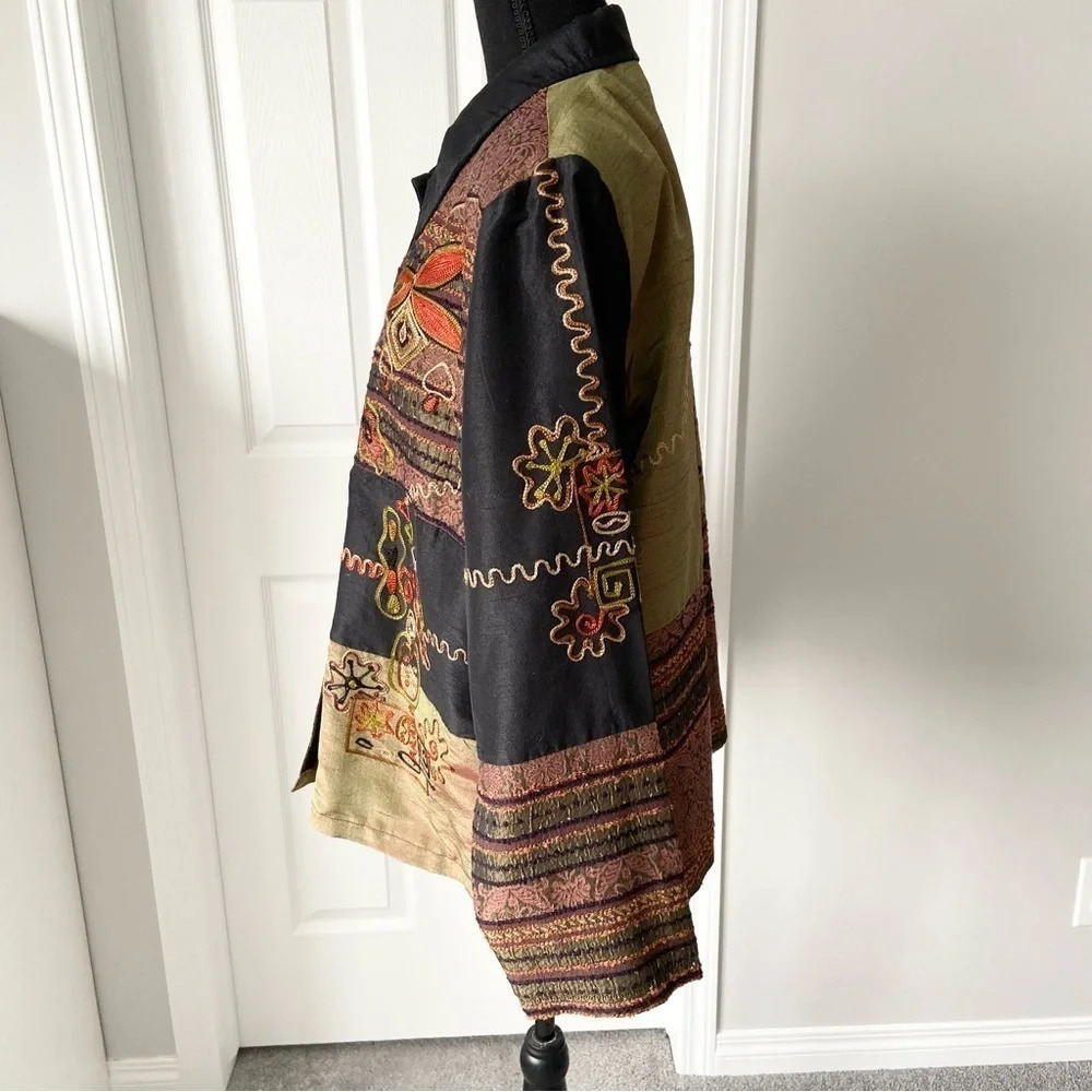 Allure Multicolor Patchwork Button-Front Jacket - Black, Olive, Rust - Picture 2 of 16